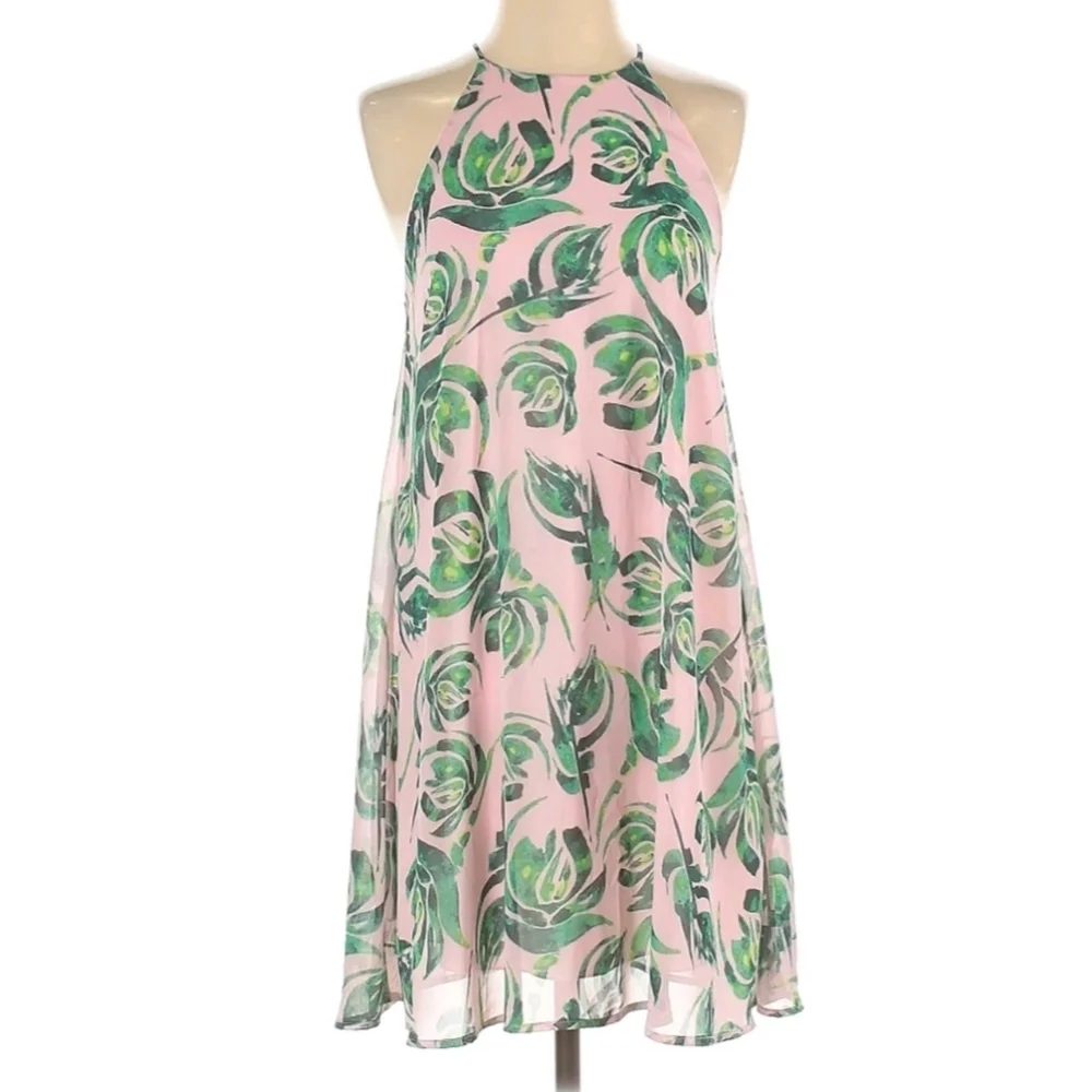 Everly‎ Halter Swing Mini Dress XS Pink Green Tropical Vacation Resort Coastal